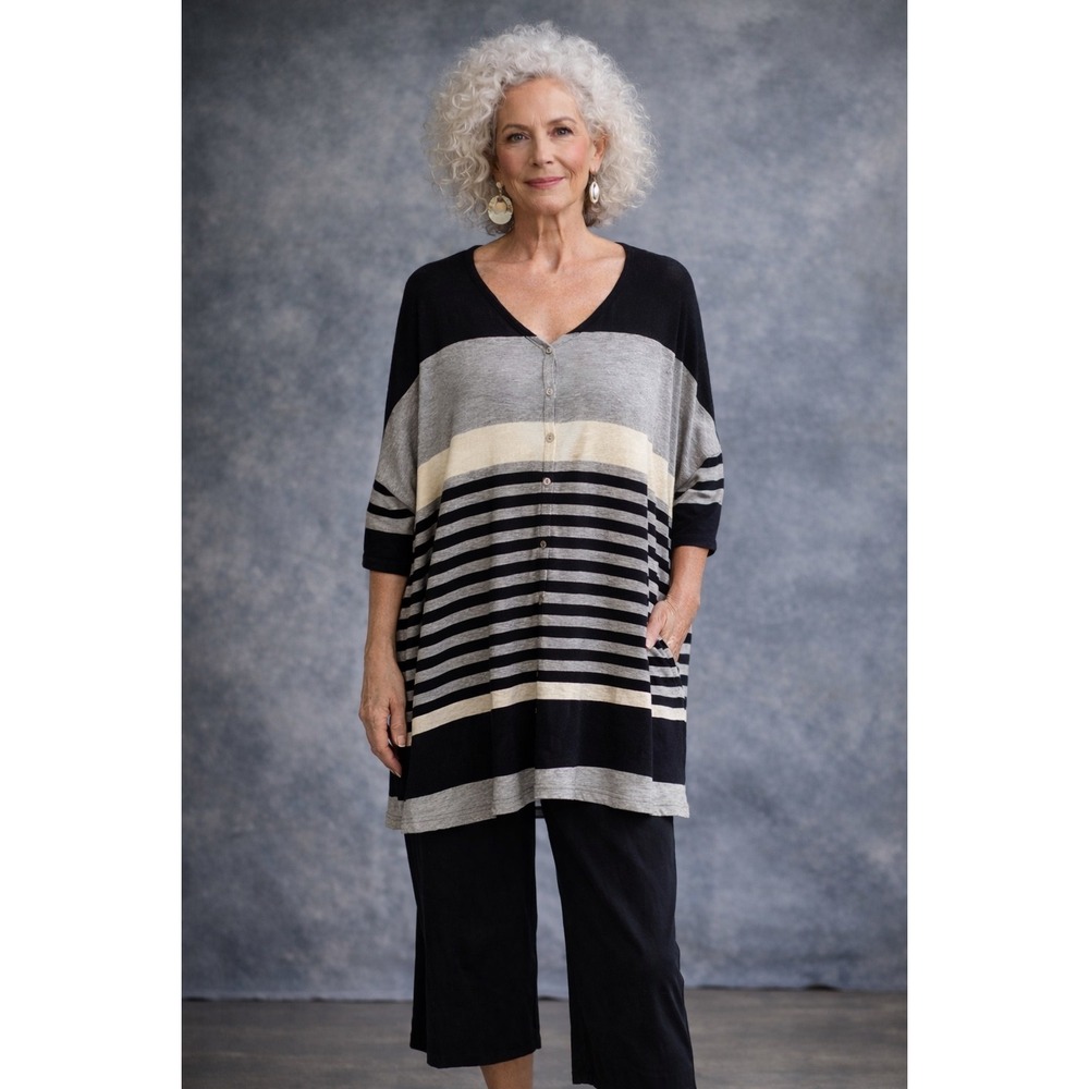 Alembika Women's Striped Lagenlook Oversized Gray Button Front Tunic‎ Dress- S